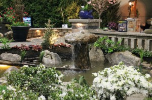 Dreamscapes' mushroomish log-and-boulder fountain.